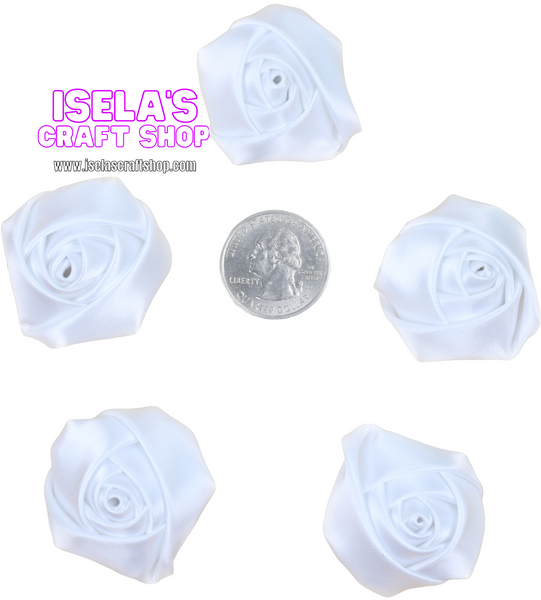 5PC -White  Satin Rolled Rosette Flowers H13