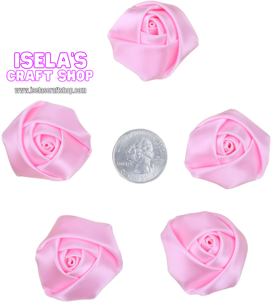 5PC -Pink Satin Rolled Rosette Flowers H15