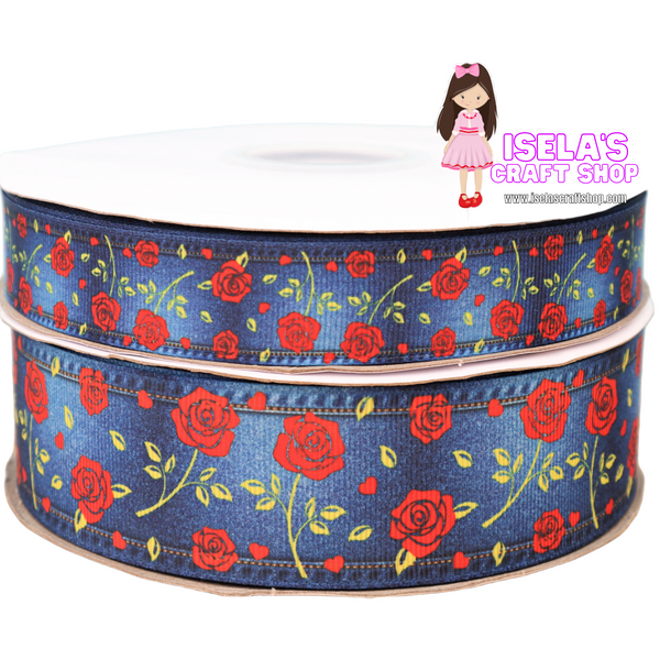 New Roses on Denim Background  Ribbon